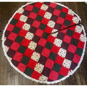 58" Vintage Multicolor Hand Quilted Patchwork Christmas Tree Skirt w/Lace